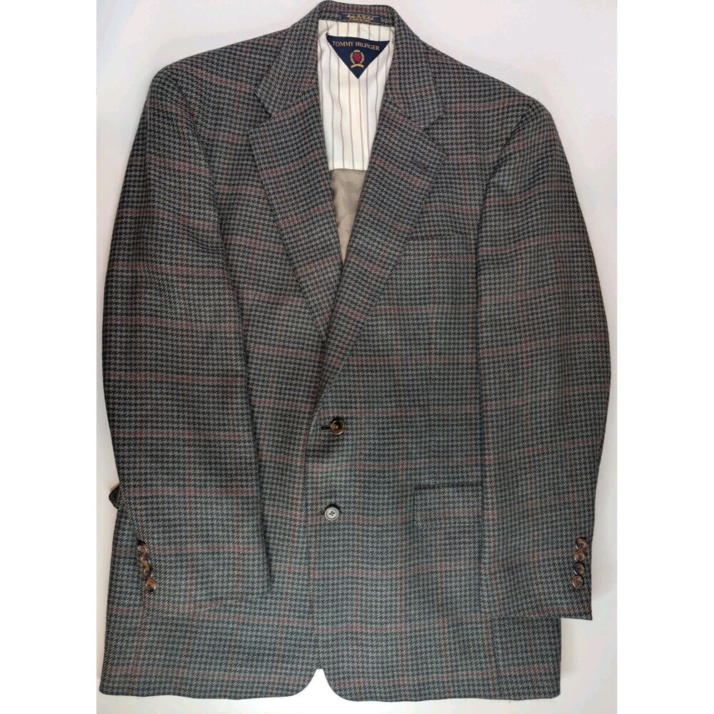 Vintage Tommy Hilfiger Sport Coat 42L Brown Houndstooth Windowpane Blazer USA